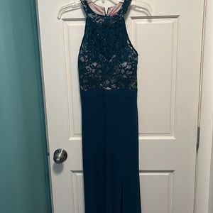 Teal Lace High Neck Gown
